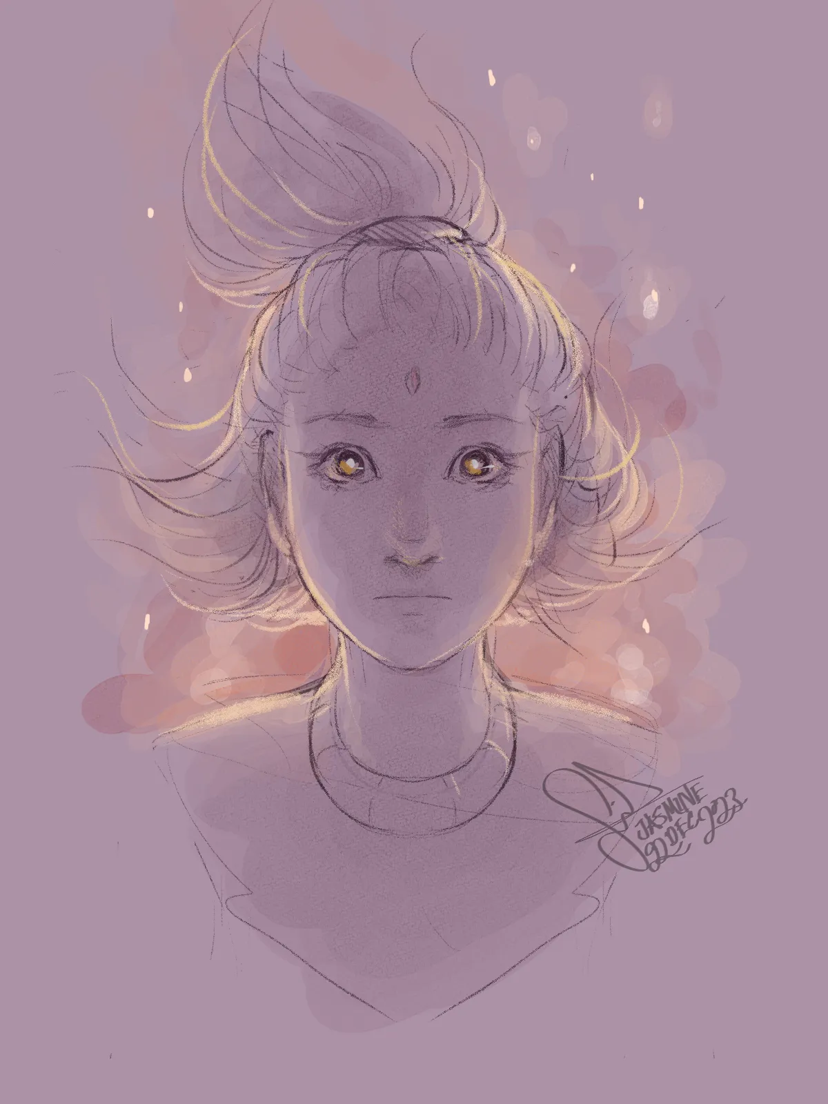 a digital sketch of blaze staring wide-eyed at the viewer, with a... blaze (fire) in the background.